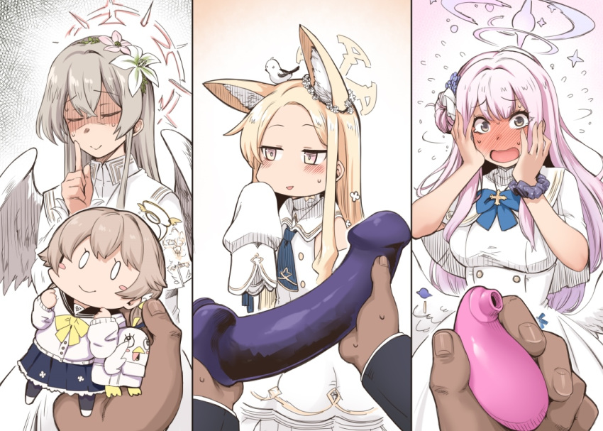 1boy 3girls animal_ear_fluff animal_ears animal_on_head bird bird_on_head blonde_hair blue_archive blush capelet closed_eyes closed_mouth dildo dress finger_to_mouth flower full-face_blush grey_hair hair_flower hair_ornament halo hands_on_own_cheeks hands_on_own_face hifumi_(blue_archive) holding holding_sex_toy long_hair long_sleeves mika_(blue_archive) multiple_girls nagisa_(blue_archive) on_head open_mouth pink_hair pov pov_hands scrunchie seia_(blue_archive) sex_toy shaded_face shushing sleeves_past_fingers sleeves_past_wrists toritora white_capelet white_dress white_wings wings wrist_scrunchie yellow_eyes