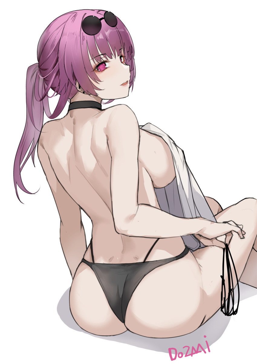 1girl ass back bare_back black_choker black_panties blush breasts choker do2mi_doreimi eyewear_on_head from_behind highres honkai:_star_rail honkai_(series) kafka_(honkai:_star_rail) large_breasts long_hair looking_at_viewer looking_back open_mouth panties ponytail purple_eyes purple_hair round_eyewear shoulder_blades side-tie_panties sideboob smile solo sunglasses underwear