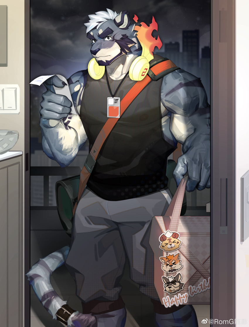 &gt;_&lt; 1boy absurdres animal_ears artist_request backpack bag bara bare_shoulders beard beenic black_shirt commission covered_nipples facial_hair feet_out_of_frame fiery_headphones frown furry furry_male grey_fur headphones headphones_around_neck highres holding large_pectorals looking_at_viewer male_focus merchandise muscular muscular_male original pectorals romg romg_the_tiger second-party_source shirt short_hair sleeveless sleeveless_shirt solo sportswear standing sticker tail tail_ornament tail_ring thick_eyebrows tiger_boy tiger_ears tiger_tail zixiong_zix_(character)