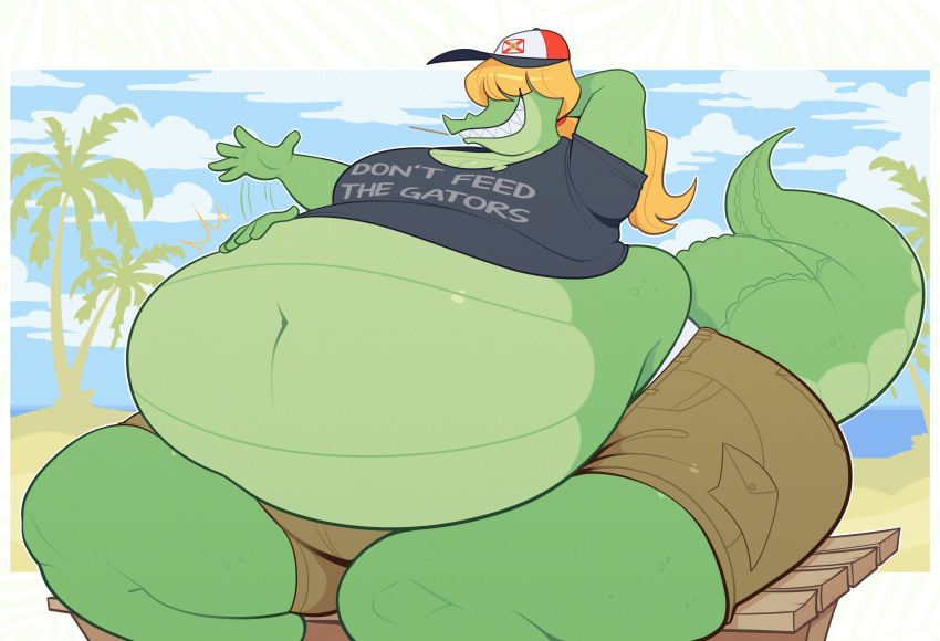 2023 5_fingers absurd_res afterimage alligator alligatorid american_alligator anthro baseball_cap belly belly_scales belly_slapping bench big_belly big_breasts big_butt biped black_clothing black_shirt black_topwear blonde_hair blue_sky bottomwear bovid breasts brown_bottomwear brown_clothing brown_shorts butt caprine cargo_shorts clothed clothed_anthro clothed_female clothing cloud colored countershade_face countershade_torso countershading crocodilian day deep_navel detailed_background digital_drawing_(artwork) digital_media_(artwork) domestic_goat emanata english_text female female_anthro fingers flash_emanata florida florida_flag geraldeen_almer glistening glistening_belly glistening_body glistening_bottomwear glistening_clothing glistening_hair glistening_shorts goat green_body green_scales green_tail grey_text grin hair hair_over_eyes hat headgear headwear hi_res huge_belly huge_thighs long_hair mammal midriff morbidly_obese morbidly_obese_anthro morbidly_obese_female motion_lines multicolored_body multicolored_scales navel non-mammal_breasts non-mammal_navel obese obese_anthro obese_female obscured_eyes open_mouth open_smile overweight overweight_anthro overweight_female palm_tree plant pockets ponytail red_baseball_cap red_clothing red_hat red_headwear reptile ridiculouscake sand scales scalie sharp_teeth shirt shorts sitting sky smile solo t-shirt tail teeth text thick_tail thick_thighs topwear tree two_tone_body two_tone_scales wide_hips