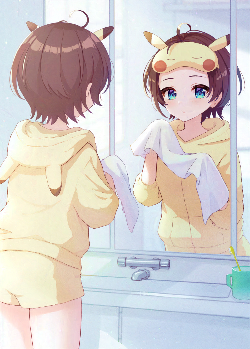 1girl ahoge blue_eyes blush_stickers brown_hair cosplay cup highres hololive hood hoodie mask mask_on_head mirror oozora_subaru pikachu pikachu_(cosplay) reflection short_hair shorts sink sleep_mask solo thighs toothbrush towel uni_(maru231) virtual_youtuber yellow_hoodie yellow_mask yellow_shorts