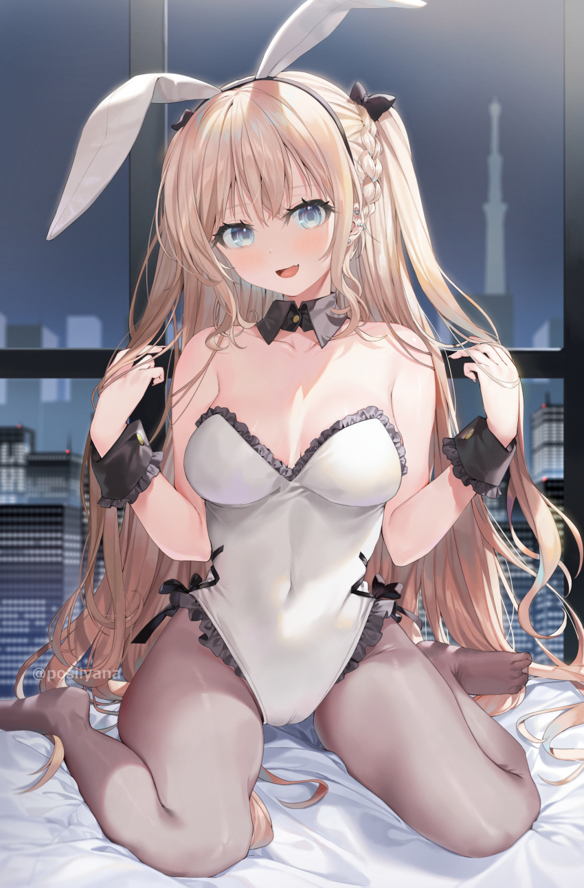 1girl :d absurdres animal_ears bare_shoulders black_bow black_hairband blonde_hair blue_eyes blush bow braid breasts cleavage covered_navel detached_collar fake_animal_ears frills hair_bow hair_ornament hairband hands_up highres large_breasts leotard long_hair open_mouth original pantyhose playboy_bunny rabbit_ears sitting smile solo thighs wariza white_leotard yana_mori