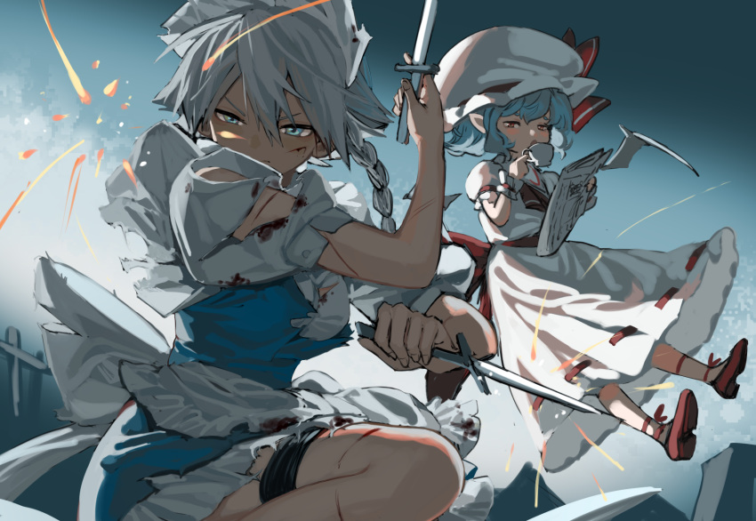 2girls apron ascot bat_wings blue_eyes blue_hair blue_skirt blue_vest braid commentary_request cup dress grey_hair hat hat_ribbon highres holding holding_cup holding_knife holding_newspaper injury izayoi_sakuya knife looking_at_viewer maid_apron mob_cap multiple_girls newspaper puffy_short_sleeves puffy_sleeves red_ascot red_footwear remilia_scarlet ribbon scar scar_on_arm scar_on_face scar_on_leg shirt short_hair short_sleeves skirt socks teacup thigh_strap torn_clothes torn_shirt torn_skirt torn_vest touhou tuck v-shaped_eyebrows vest white_apron white_dress white_headdress white_headwear white_socks wings