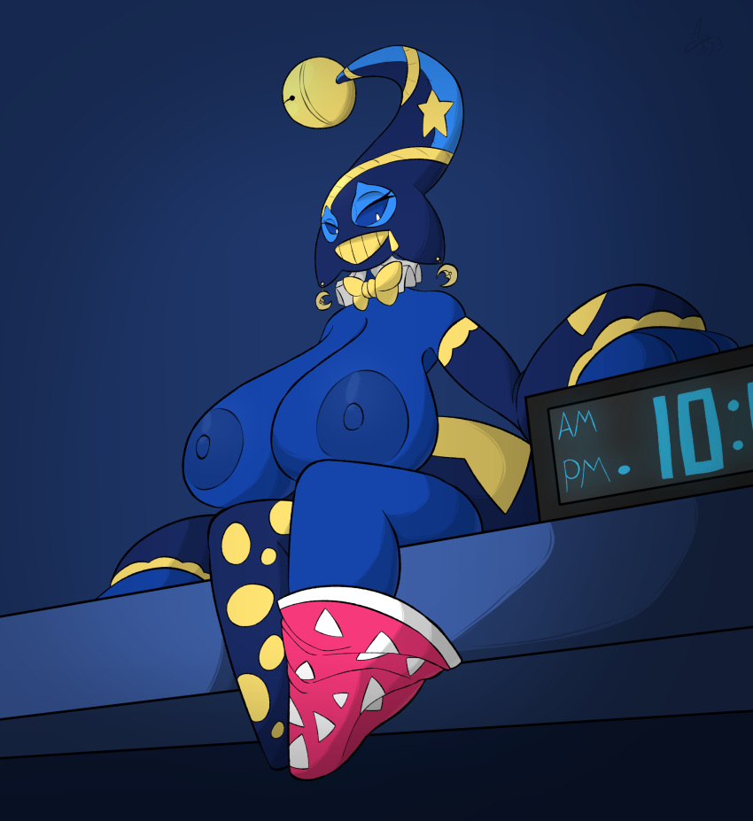 anthro ayotizza banette big_breasts blue_body blue_skin breasts clock digital_clock ear_piercing ear_ring female generation_3_pokemon grin hi_res nintendo piercing pokemon pokemon_(species) ring_piercing smile solo