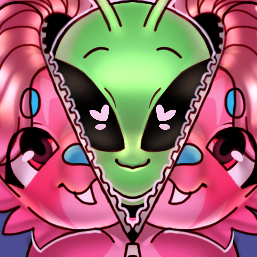 &lt;3 &lt;3_eyes alien alien_humanoid anthro clothing costume disguise fangs felid fur fursuit hi_res humanoid kory_(sunnyhoneybone) machairodontine male mammal markings pink_body pink_fur red_eyes redesign smilodon solo striped_markings stripes sunnybakedham sunnyhoneybone teeth what zipper