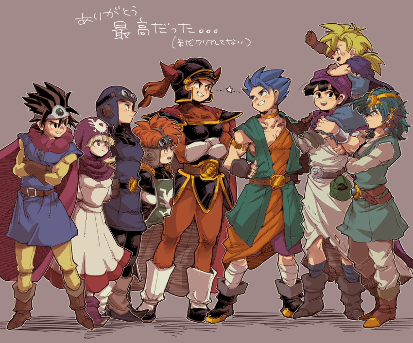 1girl 6+boys arm_up armlet armor belt belt_buckle black_eyes black_hair blonde_hair blue_cape blue_eyes blue_hair blue_tunic boots bracelet brown_footwear brown_gloves brown_hair buckle cape carrying circlet closed_mouth collarbone commentary_request crossed_arms curly_hair dragon_quest dragon_quest_i dragon_quest_ii dragon_quest_iii dragon_quest_iv dragon_quest_v dragon_quest_vi dress earrings fake_horns father_and_son full_body gloves goggles goggles_on_head goggles_on_headwear green_hair green_tunic grin headpiece helmet hero's_son_(dq5) hero_(dq1) hero_(dq3) hero_(dq4) hero_(dq5) hero_(dq6) highres hood horned_helmet horns jewelry long_hair long_sleeves low_ponytail male_child multiple_boys neck neck_ring orange_hair orange_pants orange_shirt pants pectorals piyoko_saito prince_of_lorasia prince_of_samantoria princess_of_moonbrook purple_cape purple_headwear red_eyes robe shirt short_hair shoulder_armor shoulder_carry simple_background smile spiked_hair standing torn_clothes translation_request turban white_gloves white_pants white_shirt yellow_pants yellow_shirt