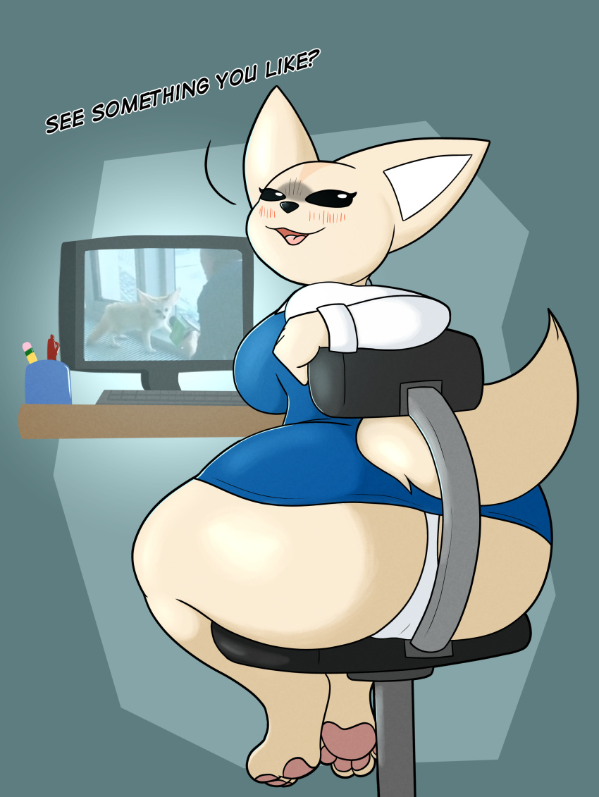 2023 absurd_res aggressive_retsuko anthro big_butt big_ears black_eyes black_nose blush blush_lines bottomwear breasts butt canid canine chair clothed clothing computer dialogue digital_media_(artwork) digital_painting_(artwork) english_text female fennec fenneko fox fur furniture hi_res huge_butt keyboard looking_at_viewer mammal mug narrowed_eyes office_chair on_chair open_mouth panties panty_shot pawpads pen pencil_(object) pencil_skirt rear_view sanrio short_stack sitting sitting_on_chair skirt solo sudsypup tan_body tan_fur text thick_thighs underwear upskirt wide_hips