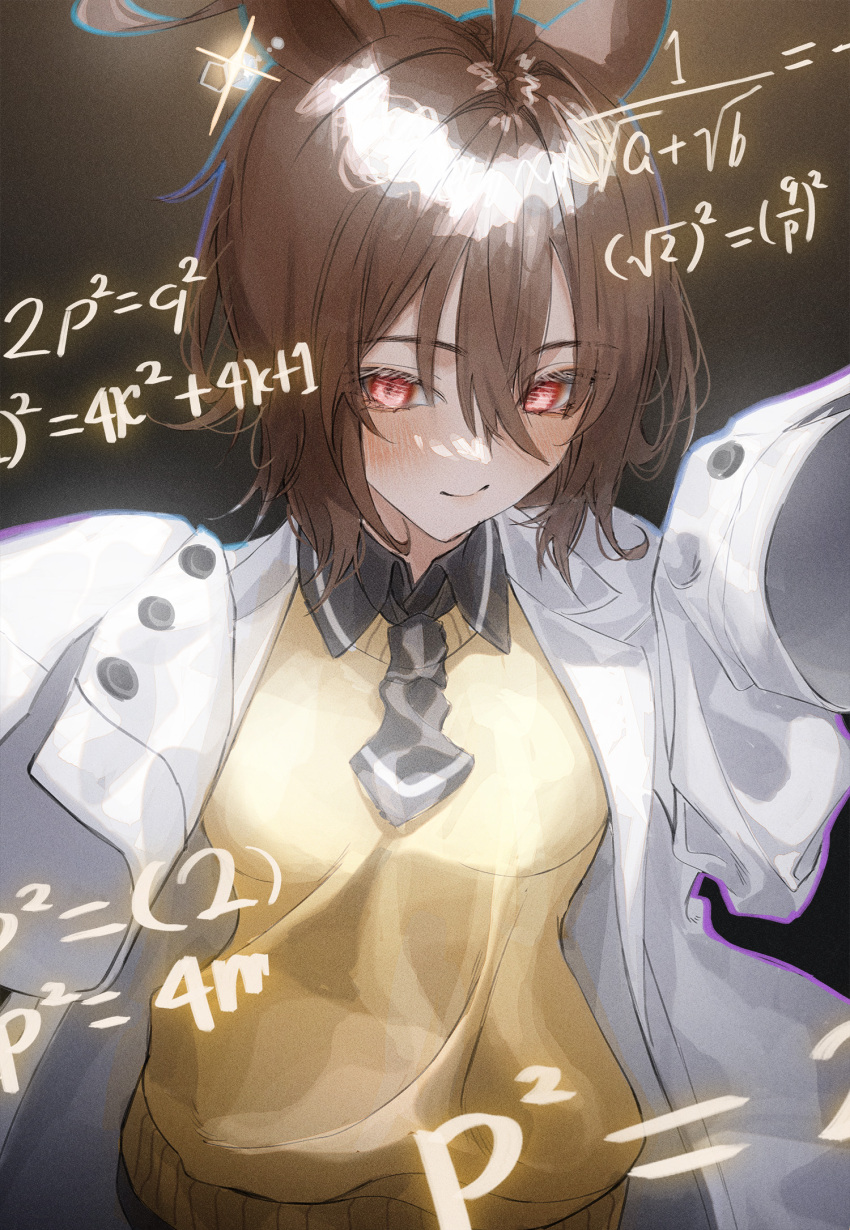 1girl agnes_tachyon_(umamusume) ahoge animal_ears black_background black_necktie black_shirt blush breasts brown_hair closed_mouth coat collared_shirt commentary_request earrings equation film_grain glint hands_up highres horse_ears horse_girl jewelry kangshi lab_coat looking_at_viewer medium_breasts messy_hair necktie open_clothes open_coat rainbow_outline red_eyes shirt short_hair short_necktie single_earring sleeves_past_fingers sleeves_past_wrists smirk solo sweater umamusume upper_body yellow_sweater