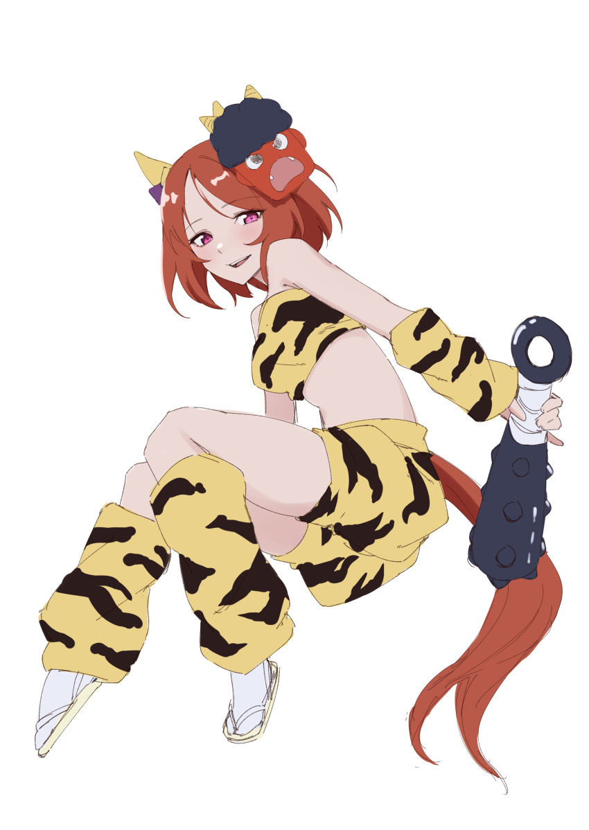 1girl absurdres animal_ears animal_print bare_shoulders breasts brown_footwear brown_hair club_(weapon) commentary_request danboru_(jdanboru1182) full_body highres holding horse_ears horse_girl horse_tail knees_together_feet_apart looking_at_viewer mask mask_on_head medium_breasts oni_mask parted_bangs parted_lips print_shorts puffy_shorts purple_eyes sakura_laurel_(umamusume) short_shorts shorts simple_background socks solo spiked_club tabi tail tiger_print umamusume weapon white_background white_socks yellow_shorts zouri