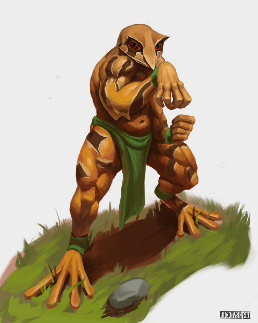 absurd_res amphibian anthro bands bottomwear buckovskiart clothing fantasy frog grass hi_res horizontal_pupils kung_fu loincloth male male/male muscular orange_body plant pupils ranid red_eyes rock scalie solo weretober