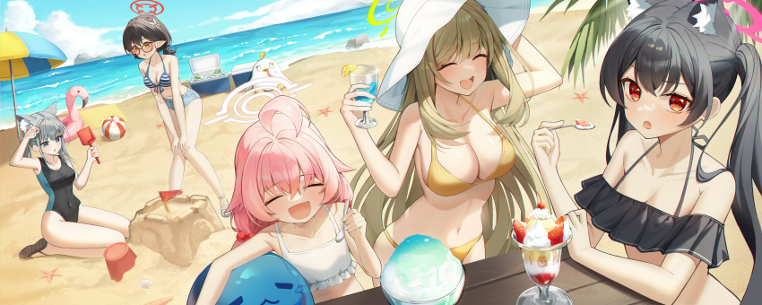5girls absurdres ahoge animal animal_ear_fluff animal_ears ayane_(blue_archive) ayane_(swimsuit)_(blue_archive) ball bare_arms bare_legs bare_shoulders beach beachball bikini black_bikini black_hair black_one-piece_swimsuit blue_archive blue_eyes blue_halo blue_shorts bucket cat_ears collarbone competition_swimsuit covered_navel day extra_ears food frilled_bikini frills glasses green_halo grey_hair hair_ornament halo highres holding holding_spoon hoshino_(blue_archive) hoshino_(swimsuit)_(blue_archive) inflatable_toy inflatable_whale light_brown_hair long_hair looking_at_viewer maeng-i_(meng-e) medium_hair multiple_girls navel nonomi_(blue_archive) nonomi_(swimsuit)_(blue_archive) ocean official_alternate_costume one-piece_swimsuit open_mouth outdoors parfait parted_lips peroro_(blue_archive) pink_hair pink_halo pointy_ears red-framed_eyewear red_eyes red_halo sand sand_castle sand_sculpture sandals serika_(blue_archive) serika_(swimsuit)_(blue_archive) shaved_ice shiroko_(blue_archive) shiroko_(swimsuit)_(blue_archive) short_hair short_shorts shorts sitting smile spoon starfish striped striped_bikini swimsuit twintails white_bikini wolf_ears yellow_bikini yellow_eyes