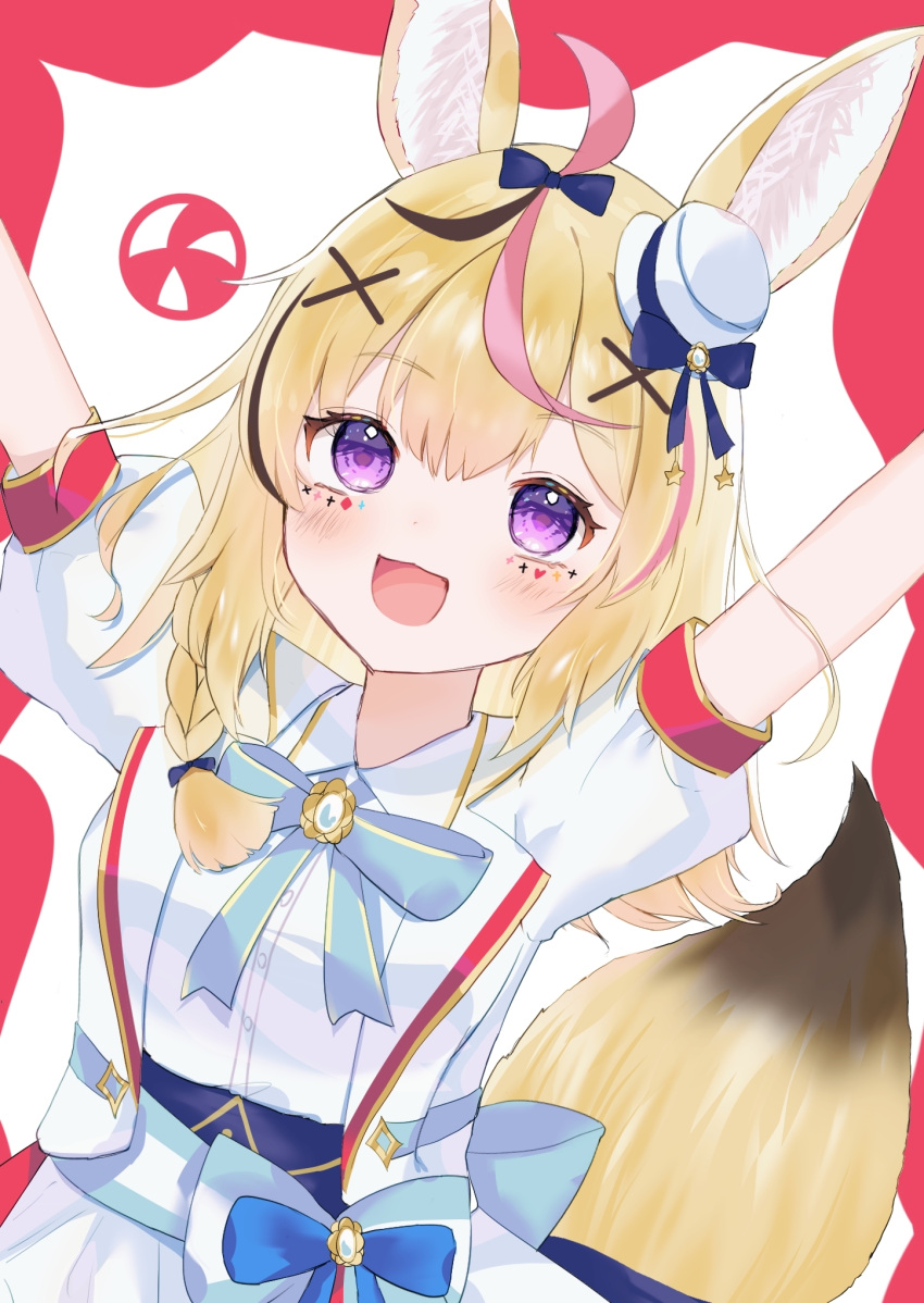 1girl ahoge animal_ear_fluff animal_ears arms_up black_hair blonde_hair blue_bow blush bow bowtie braid facial_mark fox_ears fox_girl fox_tail hair_bow hair_ornament hair_over_shoulder hat highres hololive hololive_idol_uniform_(bright) idol_clothes jacket long_hair looking_at_viewer mini_hat multicolored_hair omaru_polka open_mouth outstretched_arms piko_pinapi pink_hair puffy_short_sleeves puffy_sleeves purple_eyes red_background shirt short_sleeves side_braid simple_background single_braid smile solo streaked_hair tail two-tone_background upper_body virtual_youtuber waist_bow white_background white_jacket white_shirt x_hair_ornament