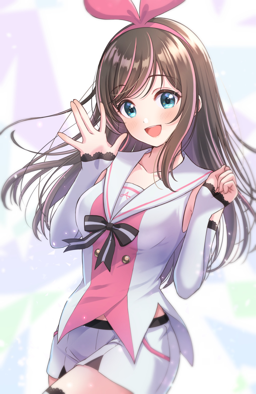 1girl \||/ blue_eyes blush bow breasts brown_hair hairband highres kizuna_ai kizuna_ai_inc. long_hair looking_at_viewer multicolored_hair necocafe_lili open_mouth pink_hair pink_hairband sailor_collar smile solo streaked_hair thighhighs virtual_youtuber