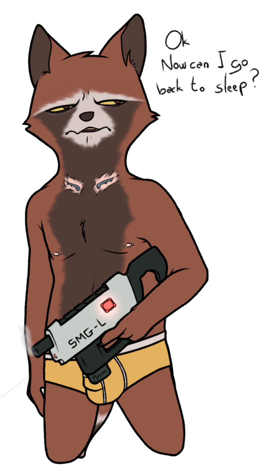 absurd_res anthro brown_body brown_fur claws clothed clothing digital_media_(artwork) ears_up fur guardians_of_the_galaxy gun hair hi_res male mammal marvel nate_foster nipple_piercing nipples open_mouth piercing procyonid raccoon ranged_weapon red_eyes rocket_raccoon solo submachine_gun text tired tired_eyes underwear weapon