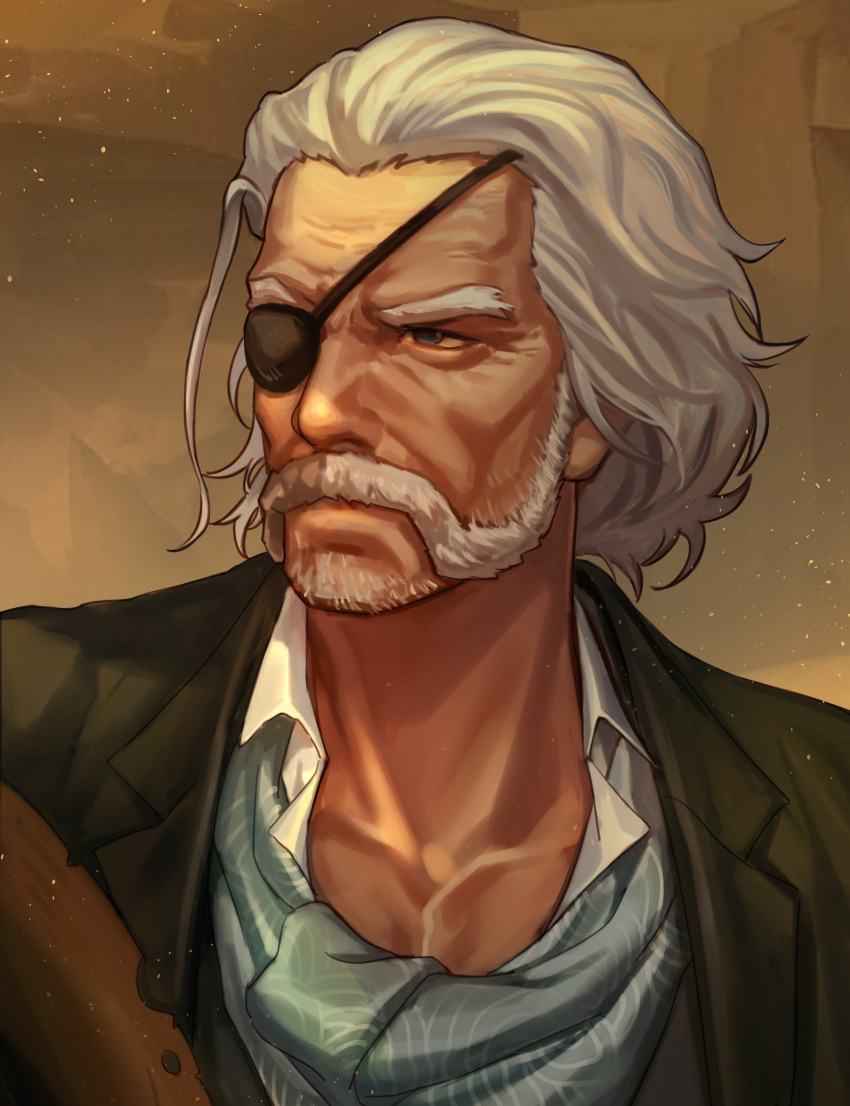 1boy absurdres black_jacket brown_background dungeon_and_fighter eyepatch facial_hair hat hat_removed headwear_removed highres ina_zuma jacket male_focus mutton_chops old old_man stubble upper_body white_hair