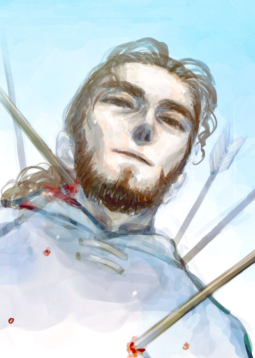 1boy arrow_(projectile) beard black_hair blood blue_tunic death facial_hair highres long_hair male_focus ponytail portrait thors tunic vinland_saga