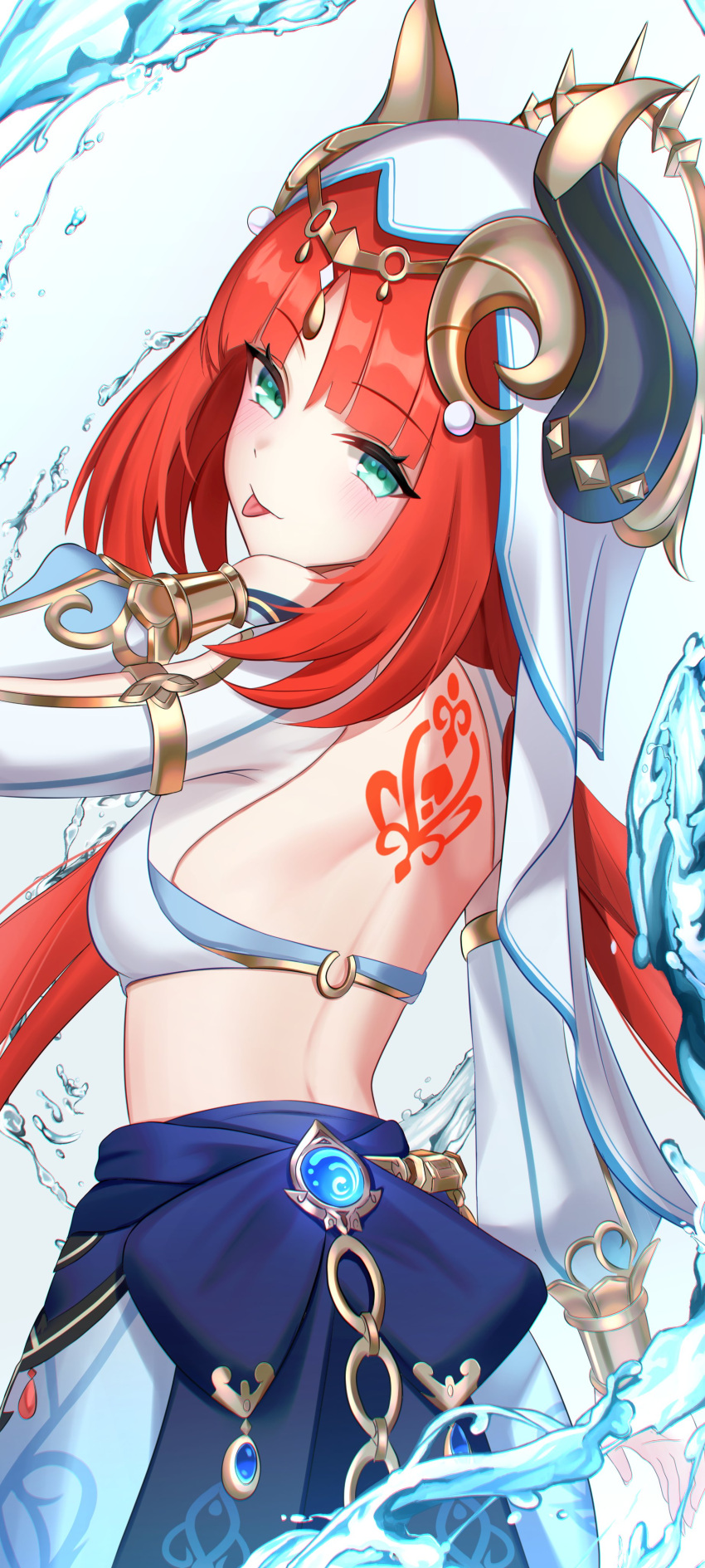 absurdres blue_veil circlet dancer ewaaawa fake_horns genshin_impact gold_trim harem_outfit highres horns long_hair long_sleeves looking_at_viewer looking_back nilou_(genshin_impact) puffy_long_sleeves puffy_sleeves red_hair tattoo tongue tongue_out veil very_long_hair white_headdress white_veil