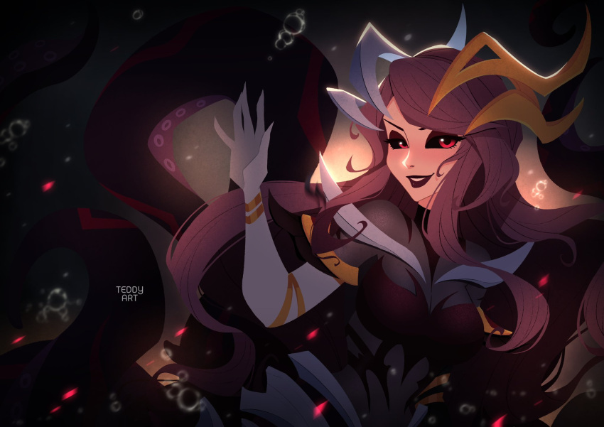 1girl artist_name black_bodysuit black_sclera bodysuit breasts colored_sclera coven_nami elbow_gloves gloves grin hair_ornament highres large_breasts league_of_legends long_hair monster_girl nami_(league_of_legends) red_eyes red_hair red_lips scylla smile solo teddy_teddd teeth white_gloves