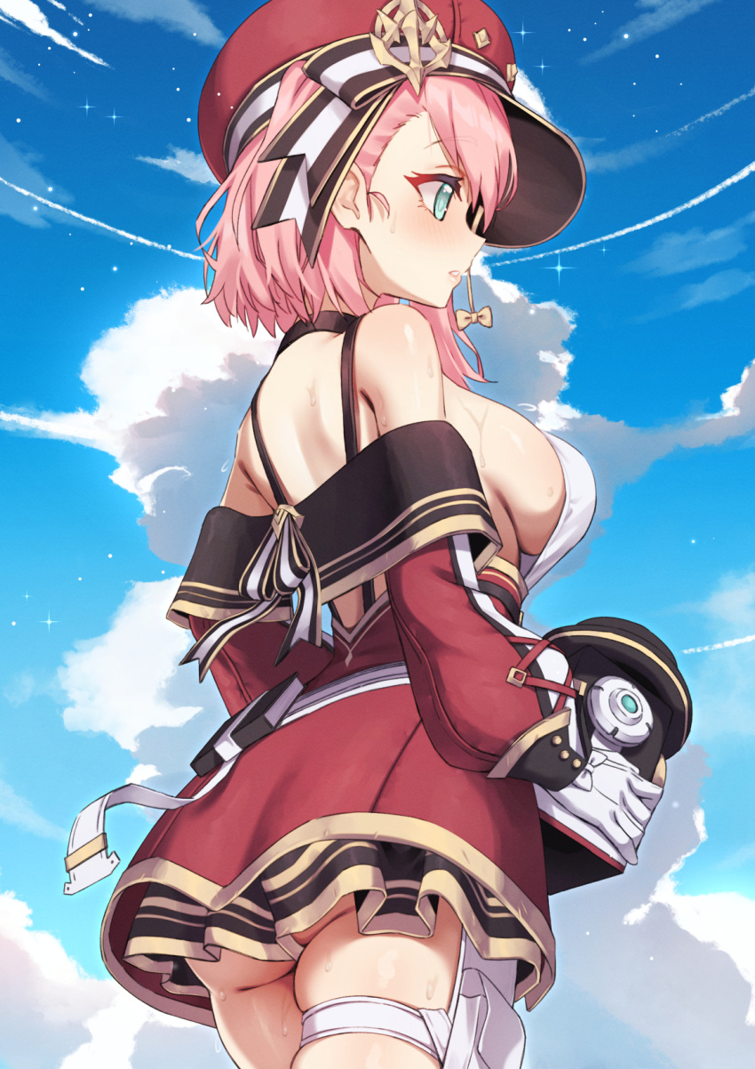 1girl bare_shoulders black_choker blue_sky breasts cabbie_hat charlotte_(genshin_impact) choker cloud commentary cowboy_shot day genshin_impact gloves green_eyes hat highres holding kangbus large_breasts long_sleeves miniskirt off_shoulder outdoors parted_lips pink_hair profile red_headwear red_skirt short_hair skirt sky solo standing thigh_strap thighs white_gloves