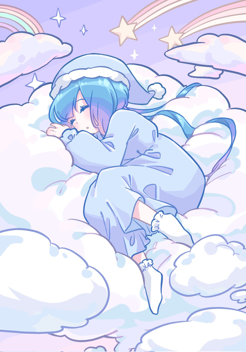 1girl alternate_costume aoki_lapis blue_hair blue_nightgown closed_eyes commentary empire_waist full_body fur-trimmed_headwear fur_trim gradient_hair hat highres long_hair long_sleeves low_twintails lying lying_on_cloud multicolored_hair nightcap nightgown on_side parted_lips pom_pom_(clothes) purple_background rainbow shooting_star_(symbol) sleeping socks solo sparkle suzumecha_(yuzensuzu) twintails very_long_hair vocaloid white_socks
