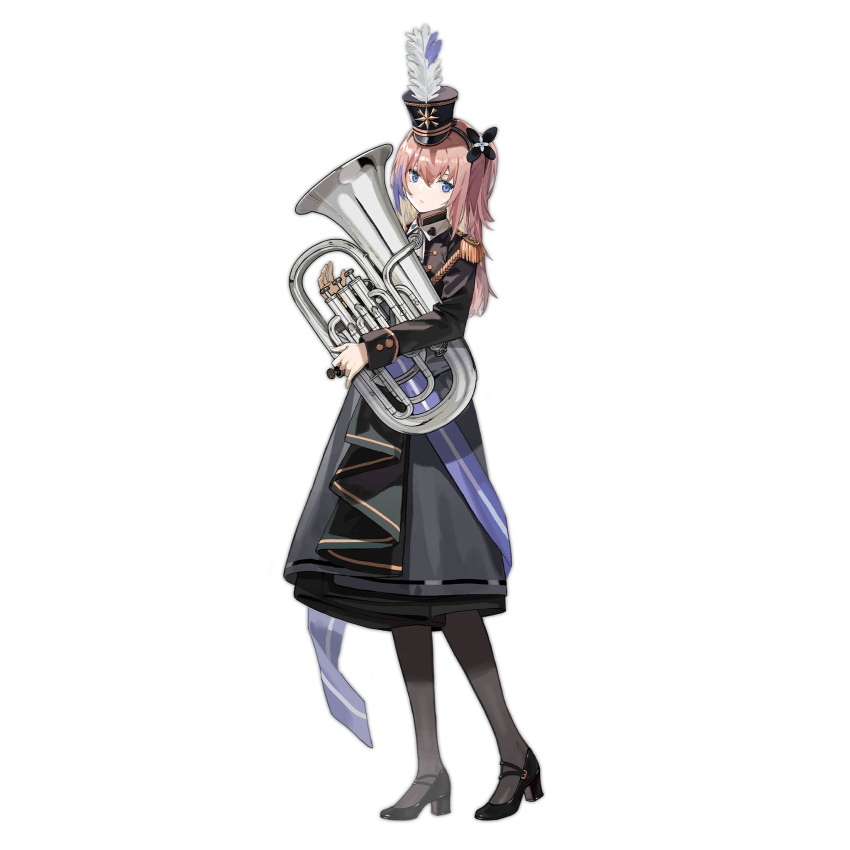 1girl black_dress black_footwear black_hairband black_pantyhose blue_eyes dress epaulettes euphonium expressionless full_body girls'_frontline hair_between_eyes hairband hat hat_feather high_heels highres holding holding_instrument instrument long_hair long_sleeves looking_at_viewer marching_band multicolored_hair nunuan official_alternate_costume official_art pantyhose shako_cap simple_background solo st_ar-15_(breeze_on_a_spring_day)_(girls'_frontline) st_ar-15_(girls'_frontline) standing streaked_hair transparent_background