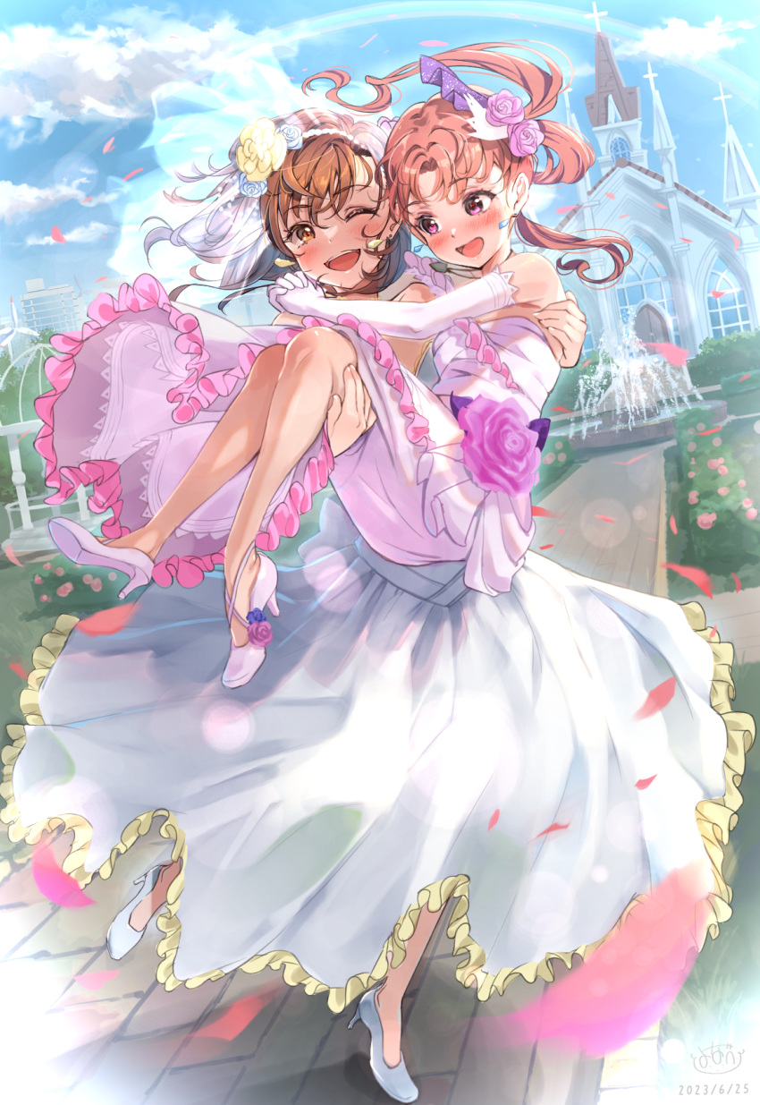 2girls :d ;d academy_city alternate_costume blue_sky bridal_veil brown_hair carrying carrying_person church cloud commentary_request dress elbow_gloves falling_petals flower fountain garden gloves hair_flower hair_ornament high_heels highres long_hair misaka_mikoto multiple_girls one_eye_closed outdoors petals pink_dress pink_footwear princess_carry rainbow shirai_kuroko short_hair sky smile toaru_kagaku_no_railgun toaru_majutsu_no_index twintails veil wedding wedding_dress white_dress white_footwear windmill yonabe yuri