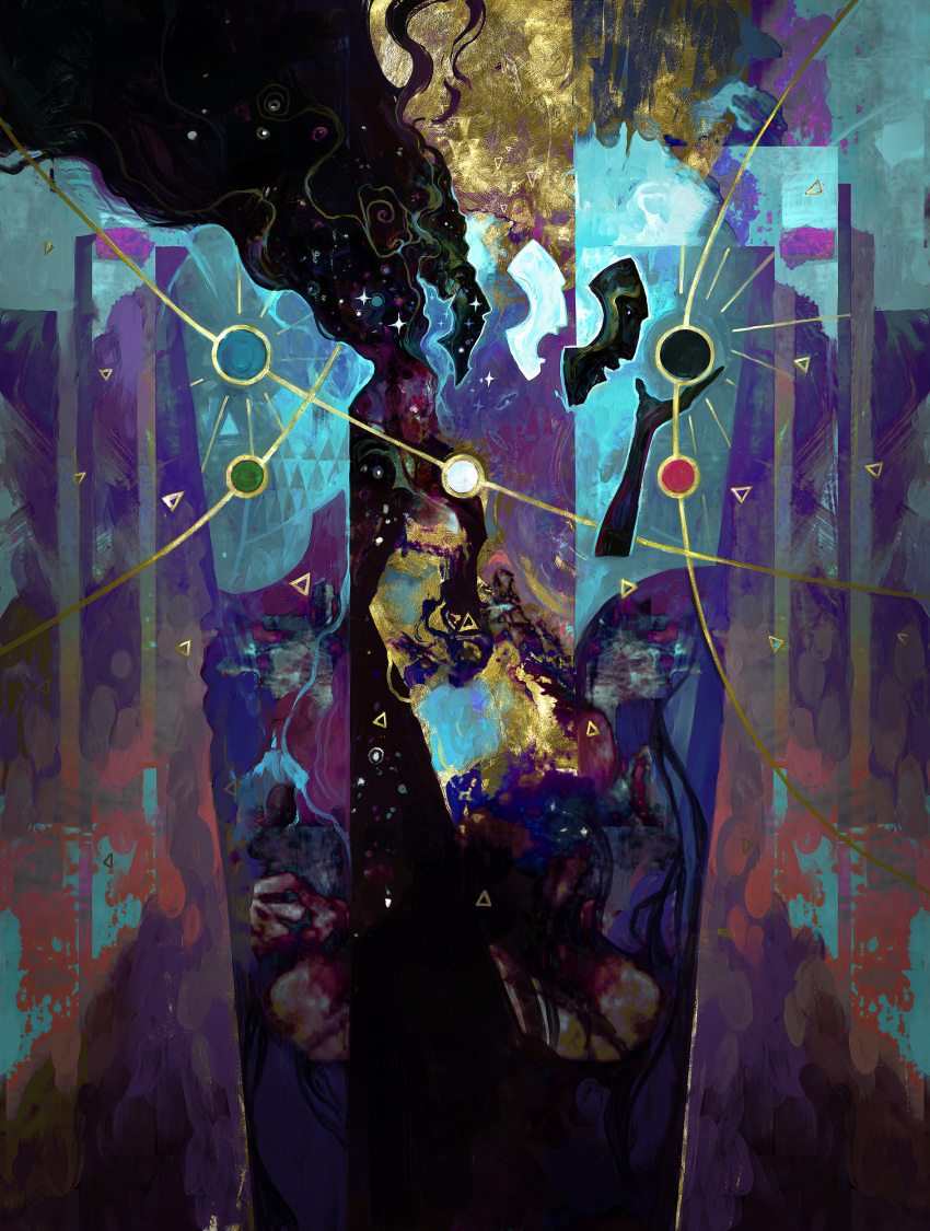 1other abstract abstract_background absurdres androgynous black_eyes black_hair byode circle colorful dominik_mayer fantasy from_side high_contrast highres long_hair magic:_the_gathering multicolored_background open_mouth solo surreal triangle very_long_hair