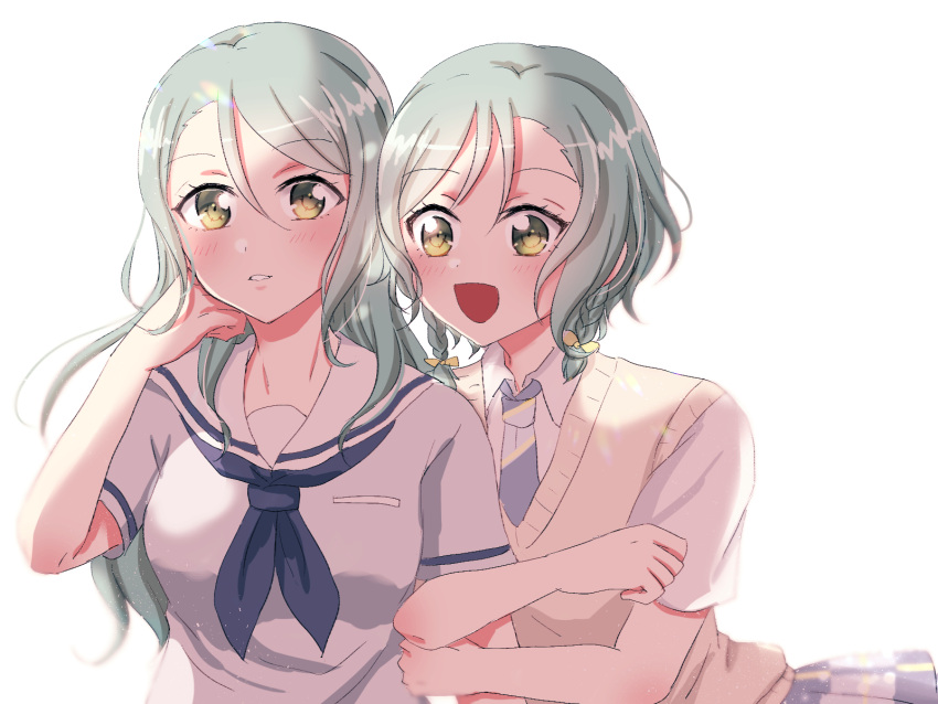 2girls aqua_hair bang_dream! blue_neckerchief bow braid green_eyes grey_skirt hair_bow hand_on_own_face highres hikawa_hina hikawa_sayo locked_arms long_hair medium_hair multiple_girls multiple_hair_bows neckerchief pii_(pxuy) sailor_collar school_uniform shirt siblings sisters skirt smile sweater_vest twin_braids twins white_sailor_collar white_shirt yellow_sweater_vest