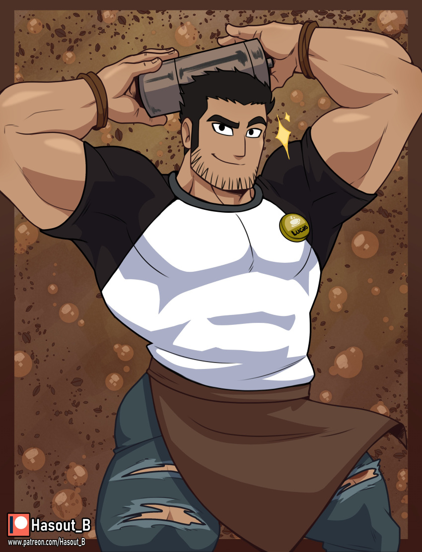 1boy absurdres apron arms_up arts_of_hasarath bara barista beard_stubble biceps black_hair brown_apron brown_background cocktail_shaker coffee dark-skinned_male dark_skin denim feet_out_of_frame highres jeans large_pectorals lucas_lee male_focus muscular muscular_male name_tag paid_reward_available pants pectorals scott_pilgrim_takes_off shirt short_hair short_sleeves smile smirk solo sparkle standing t-shirt thick_eyebrows thighs tight_clothes tight_shirt torn_clothes torn_jeans torn_pants waist_apron