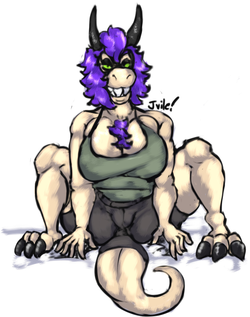 absurd_res anthro big_teeth chest_tuft female hi_res horn jvile mez_(character) scalie sitting solo tuft