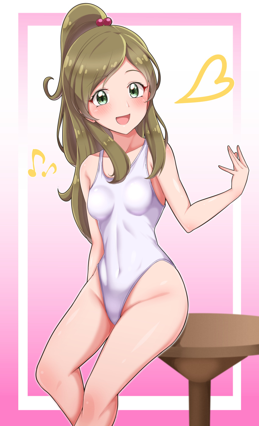 1girl absurdres breasts brown_eyes commission covered_navel eighth_note gradient_background green_eyes heart highleg highleg_leotard highres leotard long_hair minamino_kanade mujin_(mujinzairaisen) musical_note pink_background pixiv_commission ponytail precure sidelocks small_breasts solo suite_precure table white_leotard