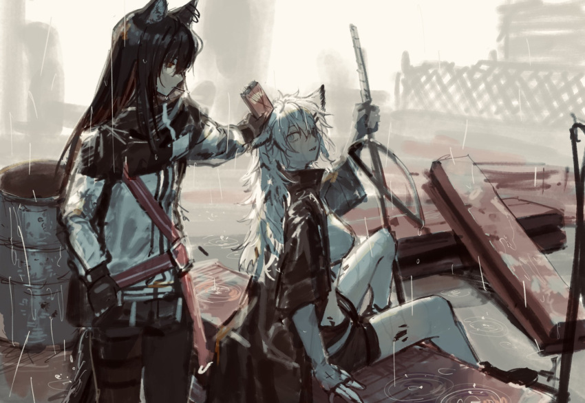 2girls animal_ear_piercing animal_ears arknights belt black_coat black_hair black_shorts capelet coat construction_site drum_(container) fingerless_gloves food food_in_mouth gloves hair_ornament highres holding holding_food holding_pocky holding_sword holding_weapon jacket lappland_(arknights) long_hair looking_at_another multiple_girls mutomorokoshi name_tag open_clothes open_coat pantyhose pocky pocky_in_mouth rain red_belt shorts sword texas_(arknights) thigh_strap weapon white_hair white_jacket wolf_ears wolf_girl