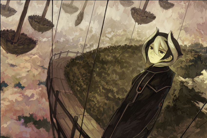 1girl above_clouds black_cape black_eyes black_hair cape closed_mouth cloud from_above grass hair_between_eyes highres kornod looking_at_viewer made_in_abyss multicolored_hair overcast ozen scenery short_hair sky smile solo standing tree two-tone_hair whistle white_hair