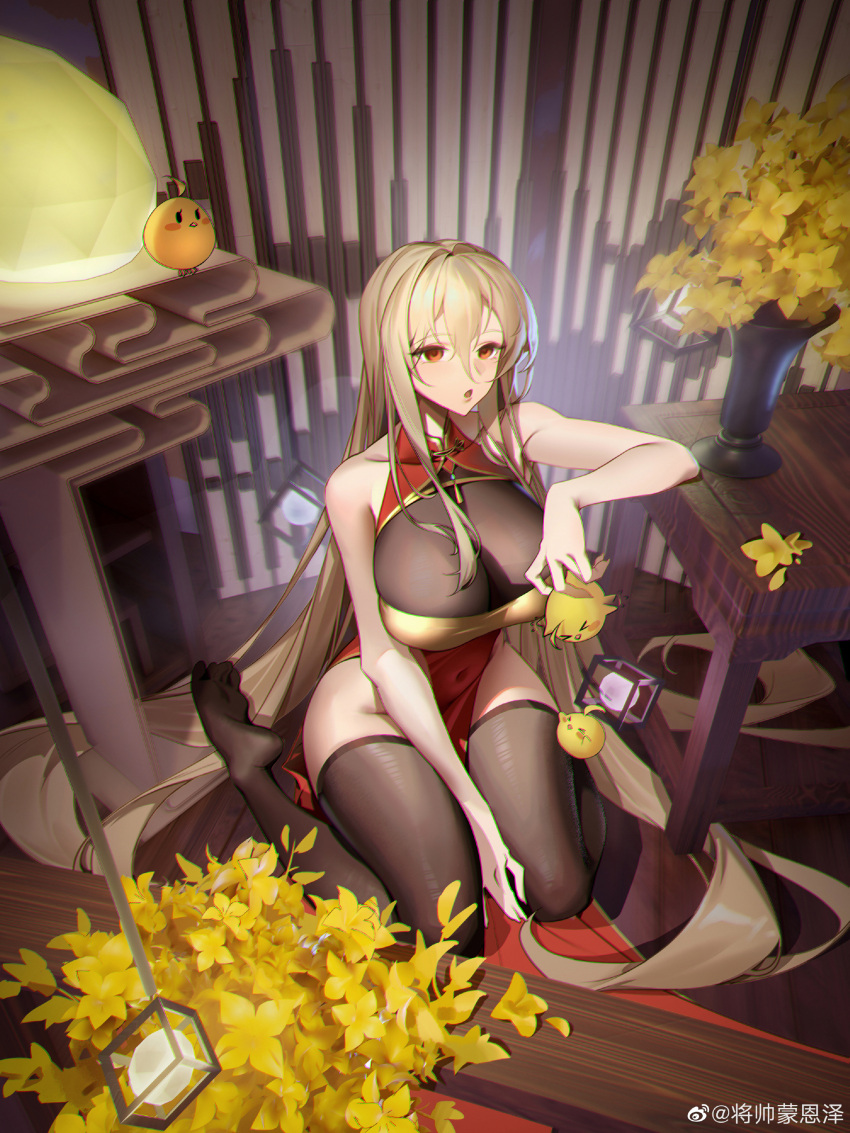 1girl :o absurdly_long_hair absurdres alternate_costume artist_name azur_lane bare_arms black_thighhighs blonde_hair breasts china_dress chinese_clothes chromatic_aberration cleavage cleavage_cutout clothing_cutout collarbone dress flower framed_breasts from_above full_body gold_trim hair_between_eyes highres holding huge_breasts implacable_(azur_lane) jiangshuai_mengenze long_hair manjuu_(azur_lane) on_floor pelvic_curtain plant red_dress red_eyes sitting sleeveless sleeveless_dress solo table taut_clothes taut_dress thighhighs very_long_hair wariza wooden_floor yellow_flower