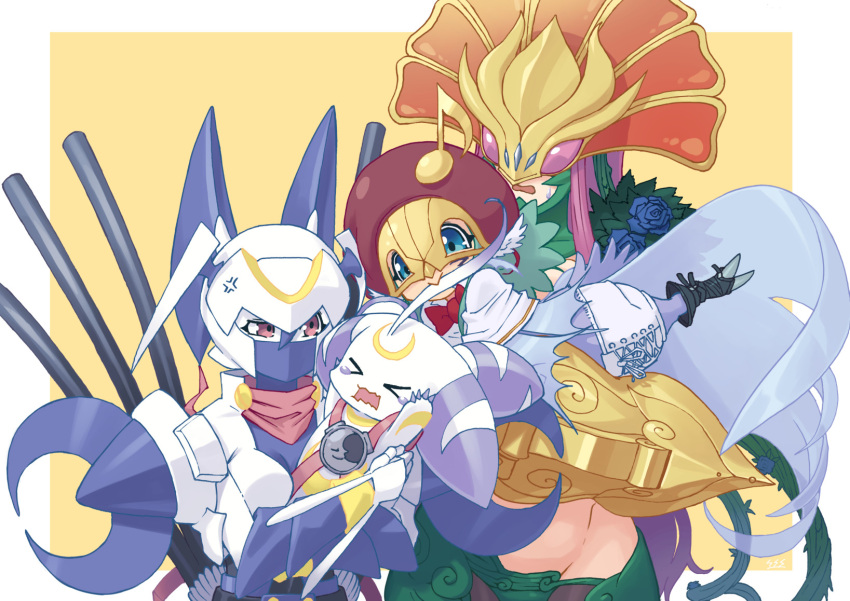 &gt;_&lt; 3girls ahoge aqua_eyes aqua_hair arm_guards armor beret black_bodysuit blue_flower blue_rose bodysuit bow bowtie breastplate breasts capelet carrying ceresmon ceresmon_medium cleavage commentary_request covered_eyes covered_mouth cowboy_shot dianamon digimon digimon_(creature) eighth_note flower gauntlets gloves groin hat helmet highres large_breasts long_hair looking_at_another low_twintails lunamon mask monster_girl mouth_hold multiple_girls musical_note open_mouth pink_eyes pink_hair pink_scarf purple_mask red_bow red_bowtie red_headwear rose sasasi scarf shoulder_armor sidelocks sirenmon standing stomach sweat talons tearing_up twintails very_long_hair white_armor white_capelet wing_ears wings yellow_background