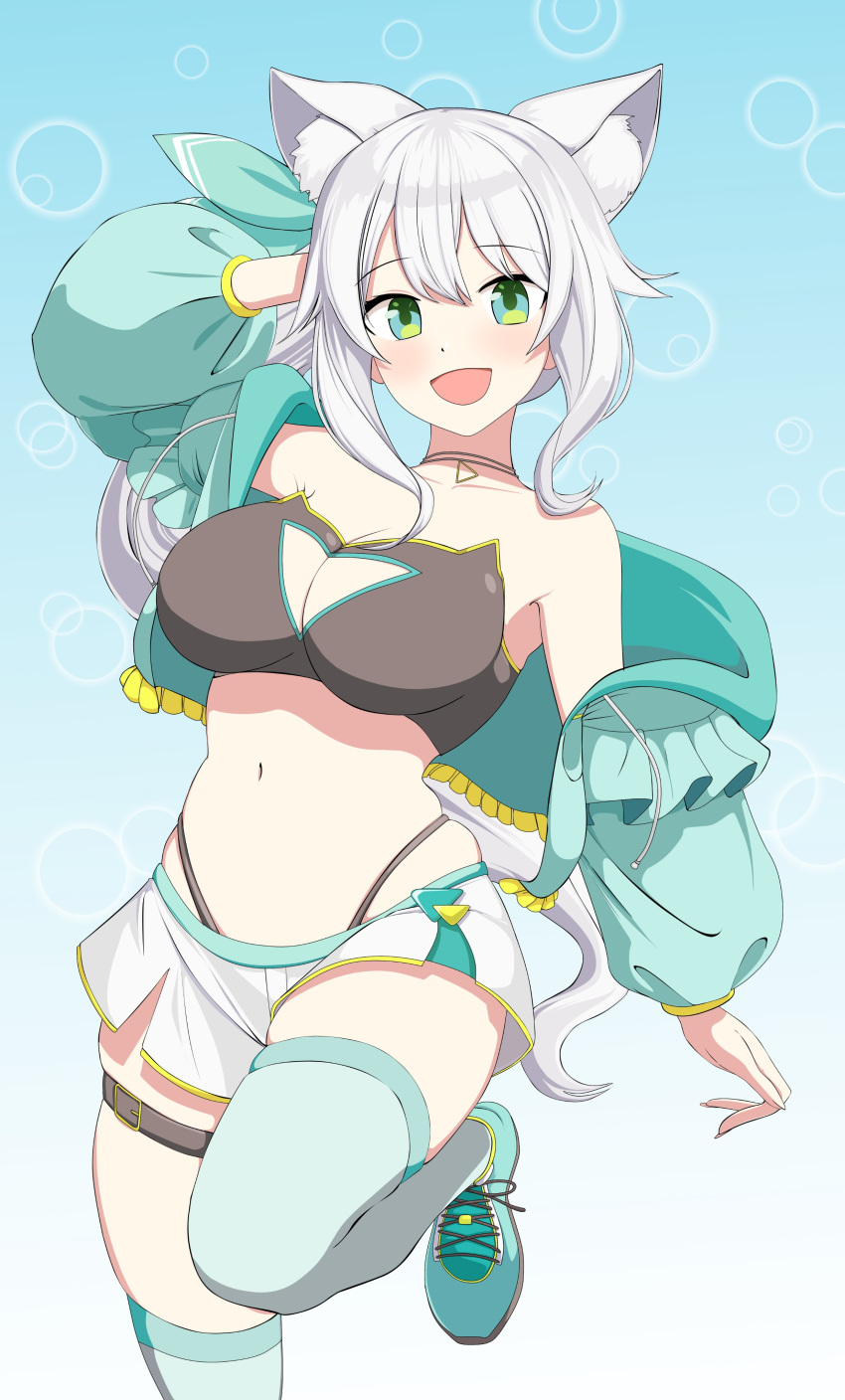 1girl :d absurdres animal_ear_fluff animal_ears aqua_background aqua_bow aqua_footwear aqua_jacket aqua_thighhighs bare_shoulders black_bra black_panties black_sports_bra bow bra breasts cat_ears circle cleavage_cutout clothing_cutout cropped_jacket frilled_jacket frills gradient_background green_bow green_eyes hair_between_eyes hair_bow hair_ornament hand_on_own_head highleg highleg_panties highres hizuki_miu hood hooded_jacket impossible_clothes jacket jewelry large_breasts leg_up light_blush long_hair long_sleeves looking_at_viewer midriff monsiursandox navel necklace off_shoulder panties puffy_long_sleeves puffy_sleeves shoes short_shorts shorts side_ponytail sidelocks skindentation smile sneakers solo sports_bra standing standing_on_one_leg stomach thigh_strap thighhighs triangle_necklace underwear virtual_youtuber wactor_production white_hair white_shorts