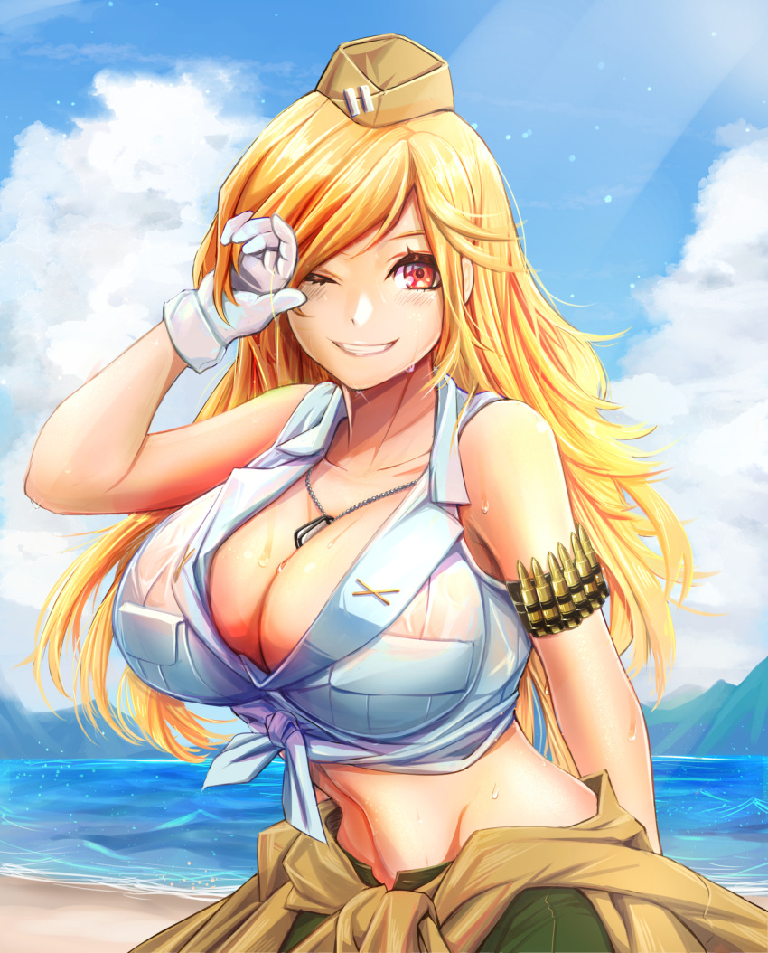 1girl armband black_bra blonde_hair bra breasts brown_jacket cleavage clothes_around_waist cloud dog_tags garrison_cap girls'_frontline gloves green_shorts hand_up hat highres huge_breasts ichi_illust001 jacket jacket_around_waist long_hair m2hb_(girls'_frontline) midriff ocean one_eye_closed open_mouth outdoors red_eyes sand see-through see-through_shirt shirt shorts smile sweat tied_shirt underwear upper_body white_gloves white_shirt