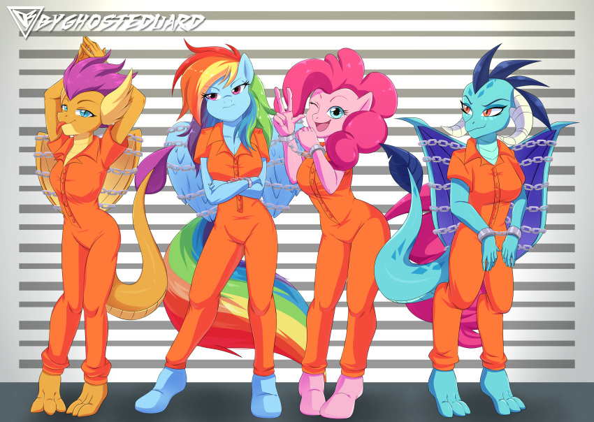 absurd_res angry_expression anthro blue_body blue_eyes breasts byghosteduard chain clothing crossed_arms dragon equid equine female friendship_is_magic group hair happy hasbro hi_res horse looking_at_viewer mammal multicolored_hair multicolored_tail my_little_pony orange_clothing orange_eyes pink_body pink_hair pinkie_pie_(mlp) pony princess_ember_(mlp) prison_uniform prisoner purple_hair rainbow_dash_(mlp) rainbow_hair rainbow_tail shaded simple_background simple_shading smile smolder_(mlp) tail