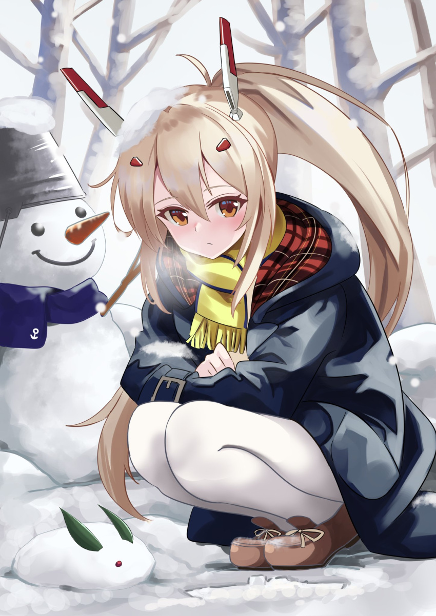 1girl alternate_costume ayanami_(azur_lane) azur_lane black_coat blurry coat commentary_request crossed_arms depth_of_field hair_between_eyes headgear highres light_brown_hair long_hair long_sleeves looking_at_viewer manjirou_(manji_illust) orange_eyes pantyhose plaid_hoodie ponytail retrofit_(azur_lane) scarf sidelocks snow snow_rabbit snowman solo squatting steam tree winter_clothes winter_coat yellow_scarf