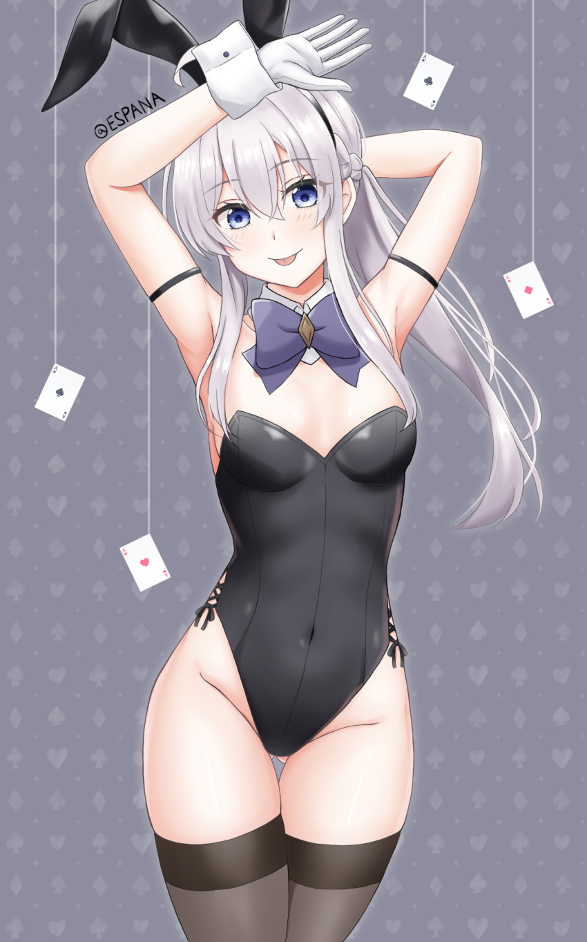 1girl ace_(playing_card) ace_of_clubs ace_of_diamonds ace_of_hearts ace_of_spades animal_ears arms_up black_leotard black_thighhighs bow bowtie breasts card club_(shape) covered_navel detached_collar diamond_(shape) elaina_(majo_no_tabitabi) grey_background grey_eyes heart highres leotard long_hair majo_no_tabitabi playboy_bunny playing_card playing_card_theme ponytail purple_bow purple_bowtie rabbit_ears small_breasts solo spade_(shape) standing thigh_gap thighhighs tongue tongue_out warachia white_hair