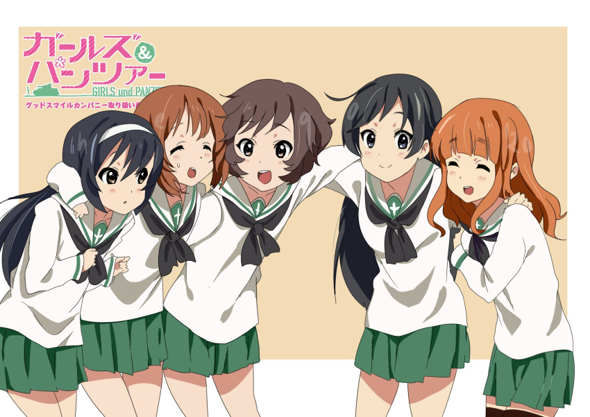 5girls :d ahoge akiyama_yukari black_hair black_neckerchief crossed_bangs dark_skin girls_und_panzer green_skirt happy headband highres isuzu_hana k-on! kyoto_animation light_blush long_hair medium_hair messy_hair multiple_girls neckerchief neqo_(neneneqo) nishizumi_miho ooarai_school_uniform orange_hair parody pleated_skirt school_uniform serafuku short_hair simple_background skirt smile square style_parody sweatdrop takebe_saori thick_eyebrows