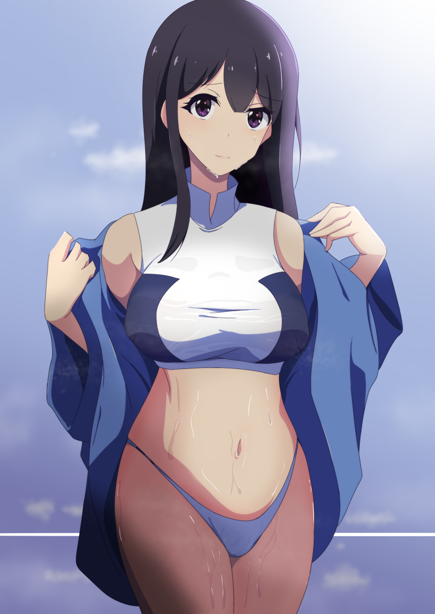 1girl absurdres backlighting bikini bikini_bottom_only black_hair commentary dacill eyelashes hair_between_eyes highres inoue_takina lavender_background looking_at_viewer lycoris_recoil navel purple_eyes removing_jacket simple_background sports_bra steam stomach sweat swimsuit thighs turtleneck_swimsuit