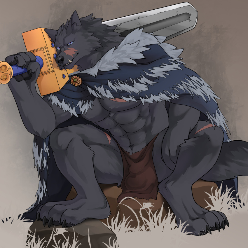 1:1 2022 abs absurd_res anthro barefoot blaidd_(elden_ring) bottomwear bulge canid canine canis claws cloak clothing elden_ring feet fromsoftware fur_cloak hi_res holding_object holding_sword holding_weapon huka loincloth looking_at_viewer male mammal melee_weapon muscular muscular_male navel pantsless pawpads pecs scar shirtless sitting sitting_on_rock solo sword sword_over_shoulder weapon wolf