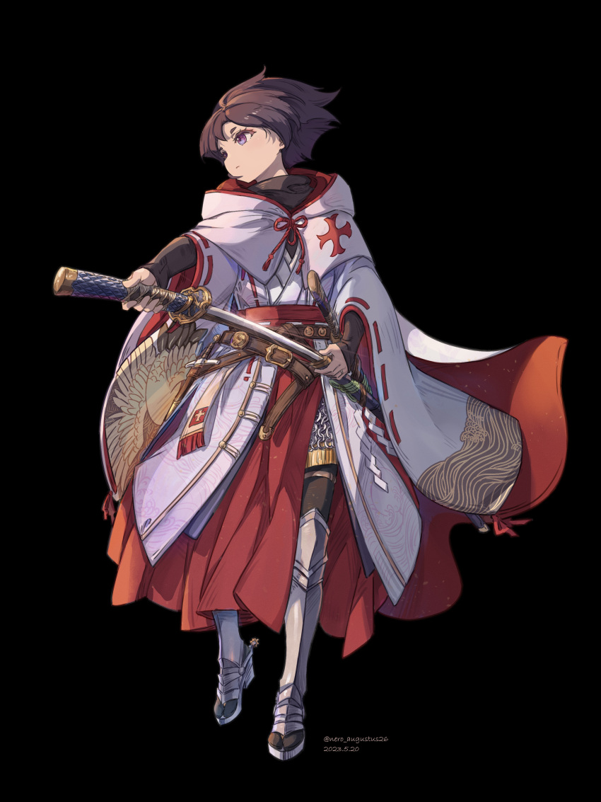1girl absurdres armor armored_boots belt black_background boots brown_hair chainmail cloak commentary_request cross_print dated full_body highres holding holding_sword holding_weapon hood hood_down hooded_cloak japanese_clothes jewelry katana kimono knight miko nero_augustus original purple_eyes ribbon-trimmed_sleeves ribbon_trim ring sheath sheathing short_hair solo spurs sword tabi weapon white_kimono wide_sleeves