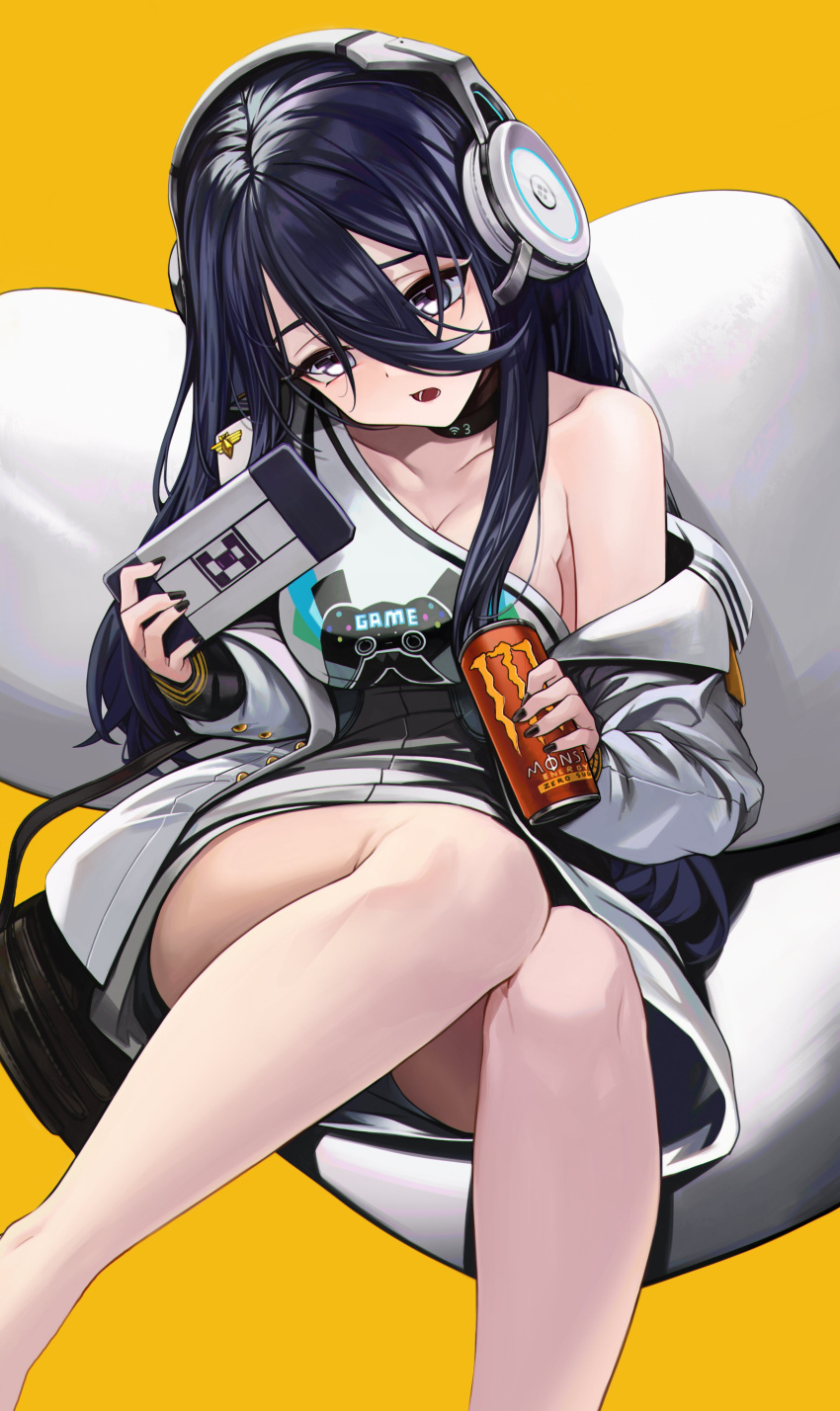 1girl absurdres anizi black_choker black_hair black_nails choker cushion exia_(nikke) feet_out_of_frame game_controller_print goddess_of_victory:_nikke hair_between_eyes handheld_game_console headphones headset highres holding holding_handheld_game_console jacket long_hair monster_energy nail_polish off_shoulder open_clothes open_jacket open_mouth playing_games purple_eyes shirt sidelocks simple_background sitting solo white_jacket white_shirt