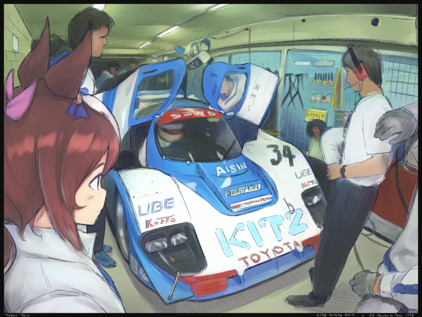 1girl 6+boys animal_ears balladeluce black_border black_hair border brown_eyes brown_hair car expressionless garage grey_jacket hair_ribbon headset highres horse_ears horse_girl jacket le_mans_prototype long_hair motor_vehicle multiple_boys pink_ribbon race_vehicle racecar racing_suit ribbon tokai_teio_(umamusume) toyota toyota_92c-v umamusume vehicle_focus world_sportscar_championship