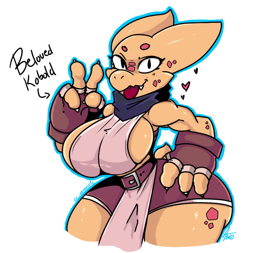 &lt;3 2023 anthro big_breasts big_butt black_eyes breasts butt clothing directional_arrow fangs female gesture glubtastic hi_res huge_breasts huge_butt huge_thighs kiara_(burhuru) kobold looking_at_viewer orange_body scalie short_stack side_boob signature simple_background smile solo teeth text thick_thighs tongue tongue_out v_sign