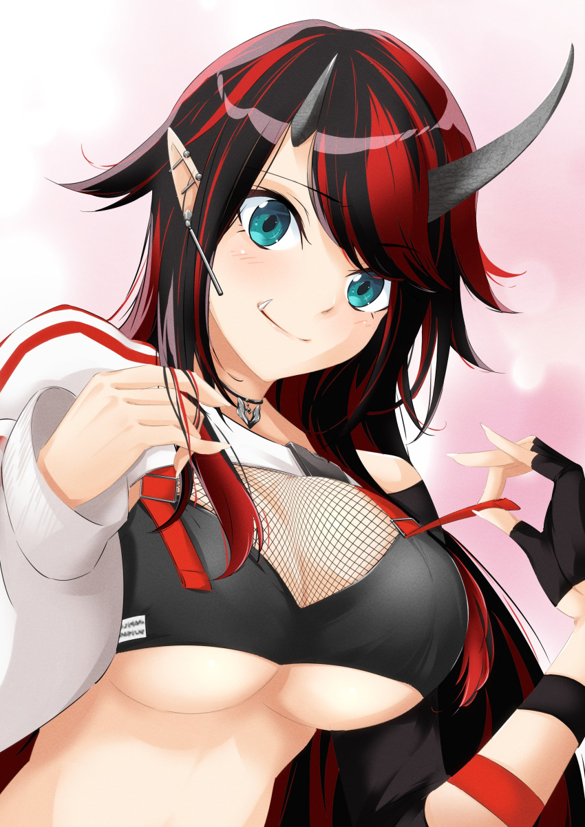 1girl absurdres bikini black_bikini black_gloves black_hair blue_eyes blush breasts cleavage closed_mouth commentary demon_girl demon_horns ear_spike fingerless_gloves fishnet_top fishnets gloves highres horns jacket jewelry large_breasts long_hair looking_at_viewer multicolored_hair nanashi_inc. necklace official_alternate_costume pointy_ears red_hair right32160 ryugasaki_rene ryugasaki_rene_(2nd_costume) shrug_(clothing) single_glove smile solo striped striped_jacket swimsuit two-tone_hair underboob upper_body virtual_youtuber white_jacket