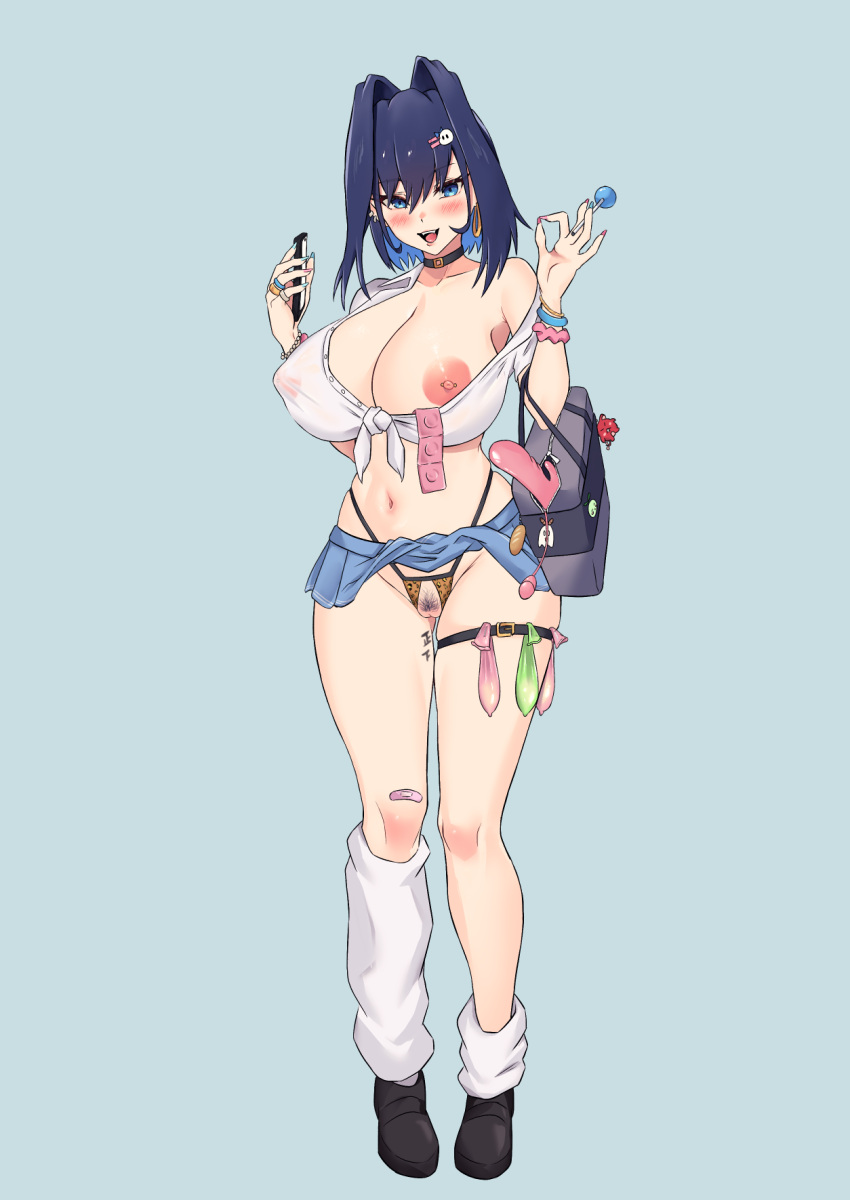 1girl alternate_costume armpits asymmetrical_legwear bag blue_eyes blue_hair breasts candy cellphone cleavage clothes_lift condom condom_belt cropped_shirt crotchless crotchless_panties dildo food full_body gyaru hair_intakes highres holding holding_phone hololive hololive_english huge_breasts lollipop looking_at_viewer midriff navel nipples no_bra ok_sign ouro_kronii panties phone pubic_hair pussy revealing_clothes rika_(akarika057) see-through sex_toy shirt short_hair simple_background skirt skirt_lift smartphone smile socks solo tally uncensored underwear used_condom vibrator virtual_youtuber