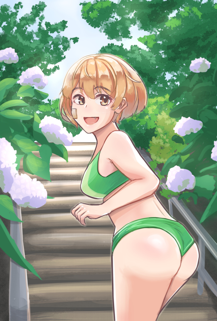 1girl absurdres ass bandaid bandaid_on_head bikini brown_eyes commentary_request cowboy_shot flower green_bikini highres hydrangea kaginoko kantai_collection light_brown_hair looking_at_viewer looking_back oboro_(kancolle) official_alternate_costume plant short_hair solo stairs swimsuit